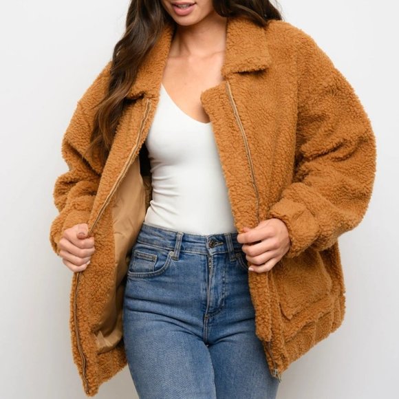 Camel WOMEN'S FAUX FUR POCKETS ZIPPER CLOSURE JACK - Picture 5 of 7